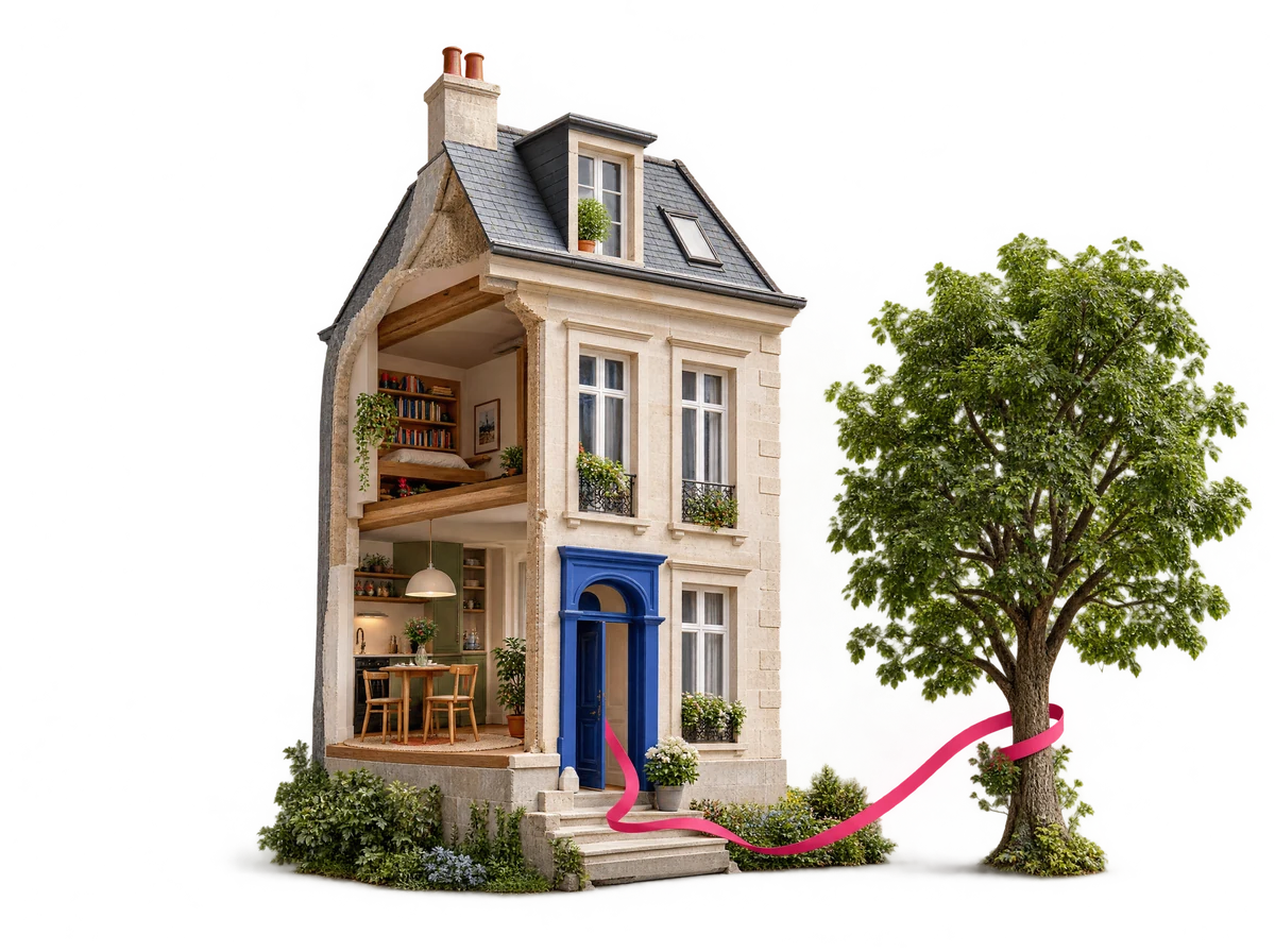 Symbolische Architekturcollage: Ein geöffnetes Haus mit Räumen des Alltags, einem Baum und einem pinken verbindenden Faden.