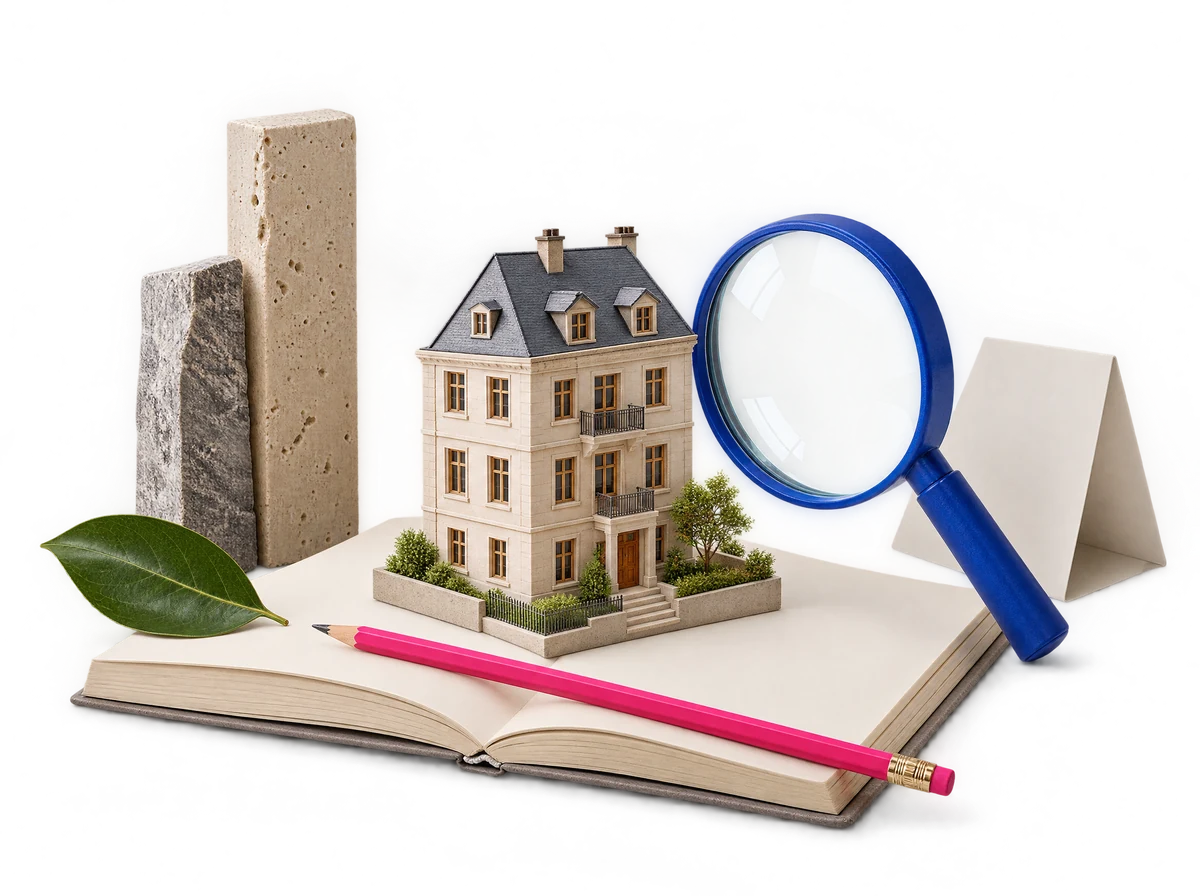 Symbolische Collage: Ein Hausmodell mit Materialgrundlage, blauem Winkel und pinkem Stift steht für verständliche Bewertung.