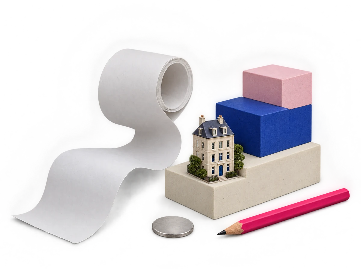 Illustrative Collage: Eine blanke Papierrolle, architektonische Staffelstufen, Münzen und ein pinker Stift stehen für eine transparente Rechnung.
