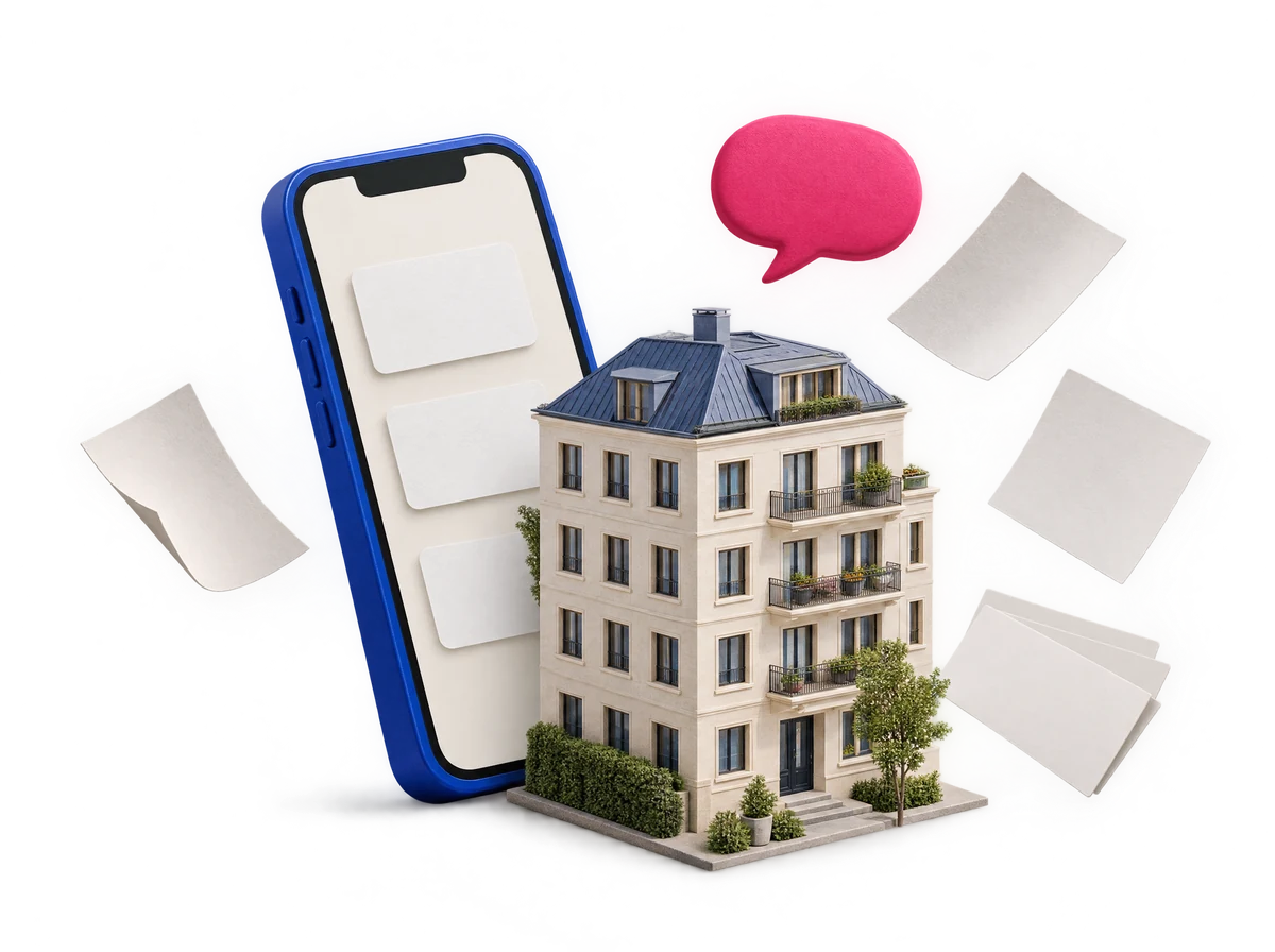 Illustrative Collage: Ein blaues Smartphone, schwebende Papierkarten und ein kleines Haus verbinden digitale Ordnung mit persönlicher Betreuung.