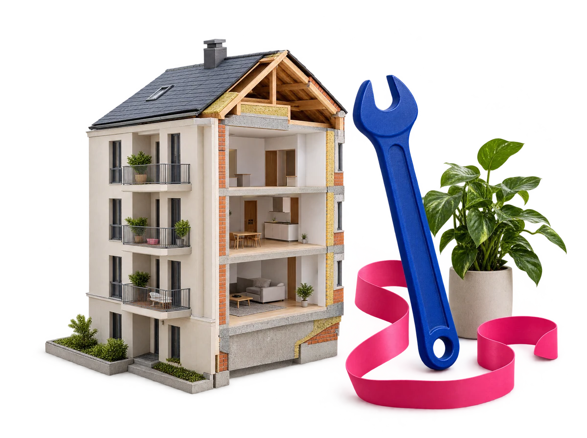 Illustrative Collage: Ein Haus-Schnittmodell mit Dach und übergroßem blau-pinkem Werkzeug steht für den Blick auf das Gebäude.