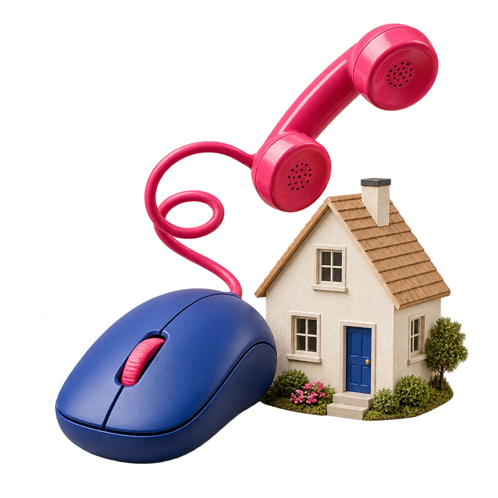 Eine blaue Computermaus mit pinkem Rad, ein Telefonhörer und ein Miniaturhaus.