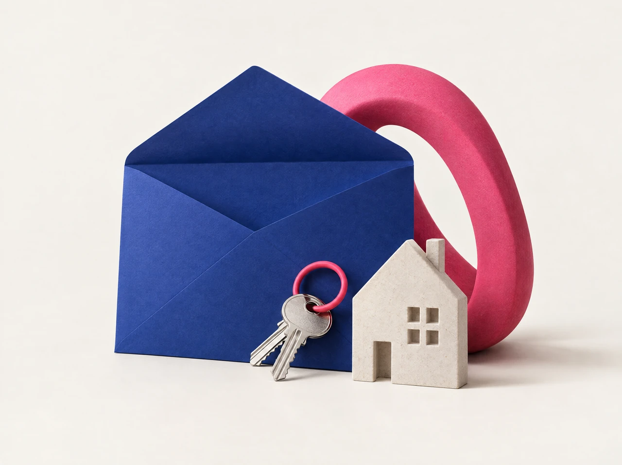 Blauer Umschlag, Hausschlüssel und pinkfarbener Ring als persönliches Dankeschön für eine Empfehlung